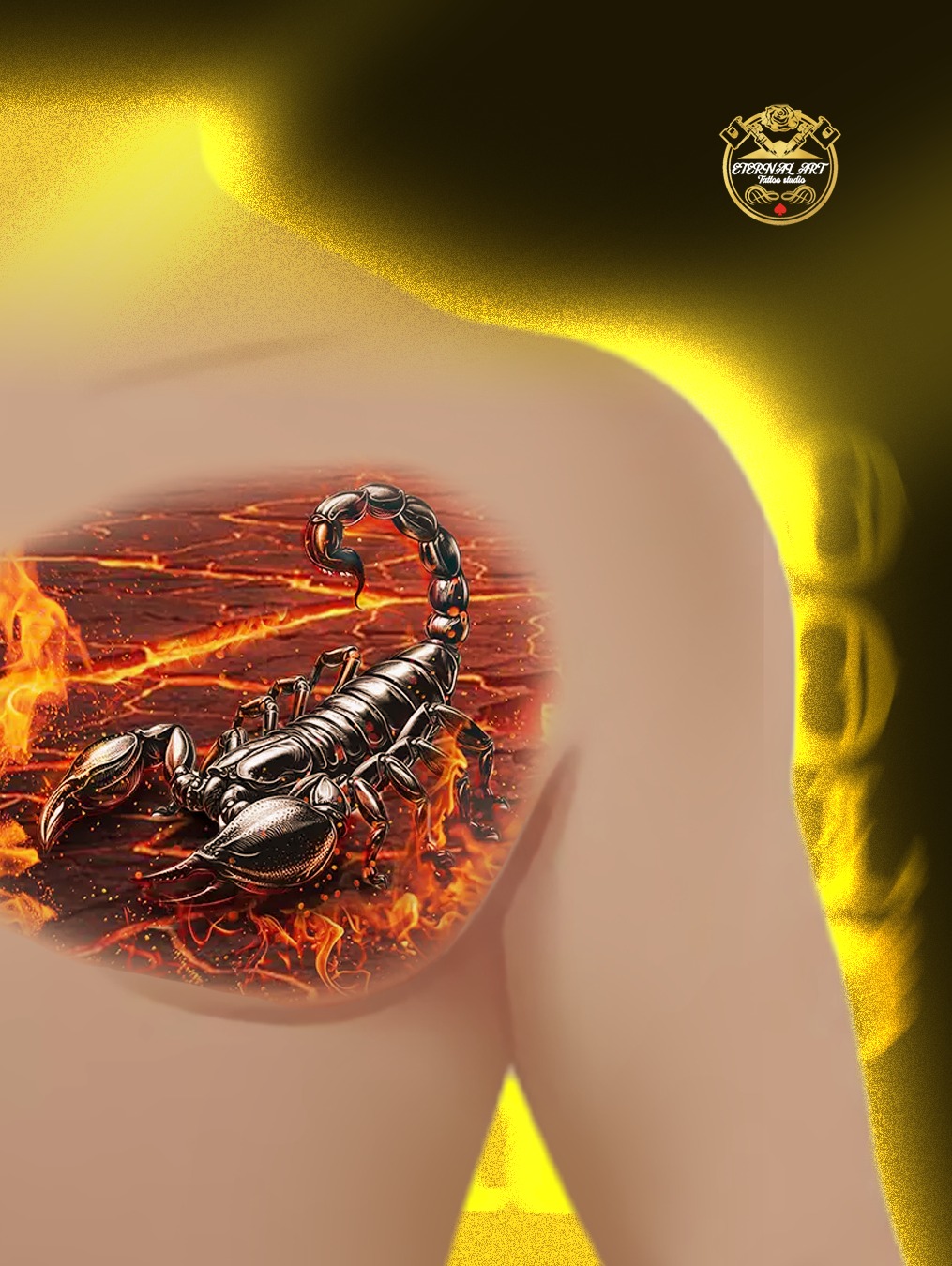 Tattoo skica Vatreni škorpion na grudima - Originalni dizajn Eternal Art Lešnica